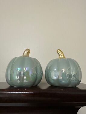 Pistachio Green Holographic Gold Tone Mini Ceramic Pumpkins x 2 3.5 inch / 8 cm